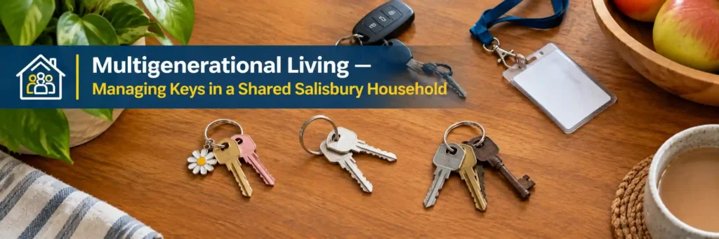 Multiple household keys arranged on a table for a shared Salisbury home Caption: Managing multiple sets of household keys in a multigenerational Salisbury home.